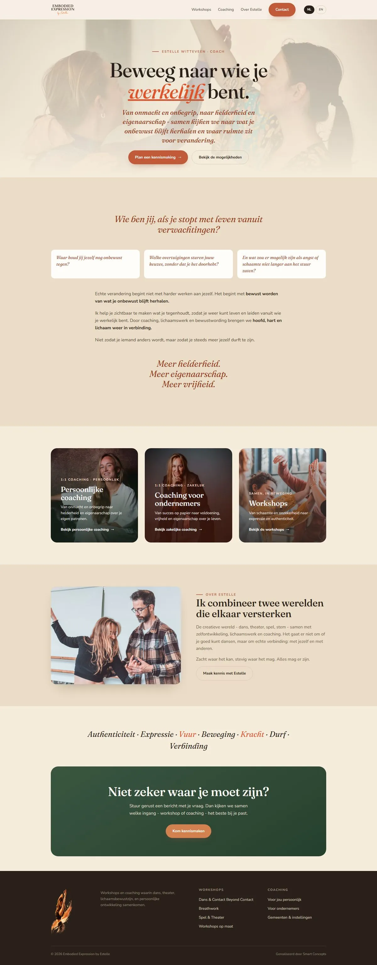 De homepage van embodiedexpression.nl van boven naar beneden: de kop Beweeg naar wie je werkelijk bent, drie ingangen, over Estelle en de kernwaarden