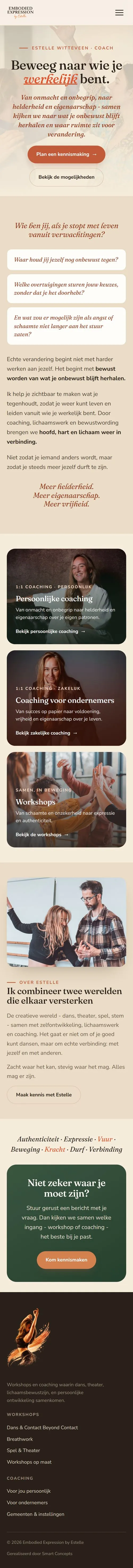 Dezelfde homepage op mobiel: de kop, drie vragen om over na te denken, de drie ingangen, over Estelle en de kernwaarden