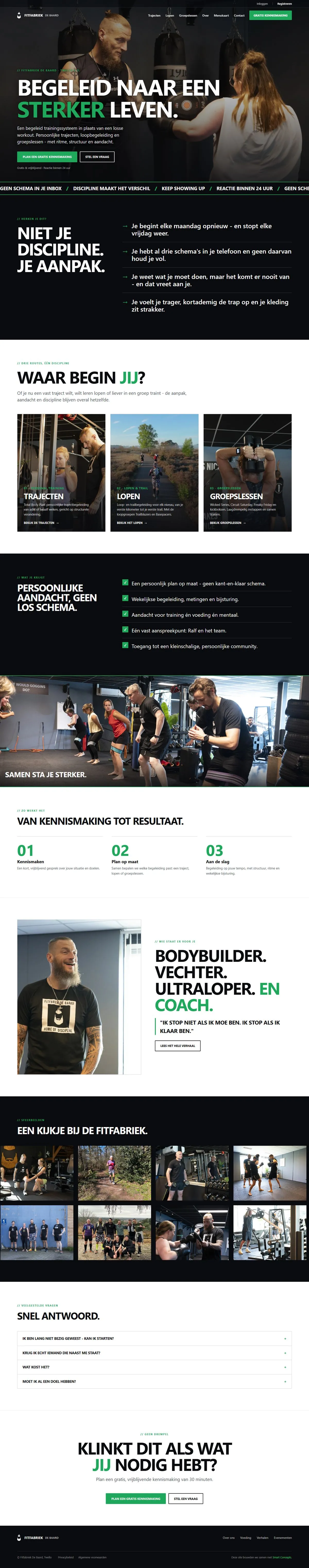 De homepage van fitfabriekdebaard.nl van boven naar beneden