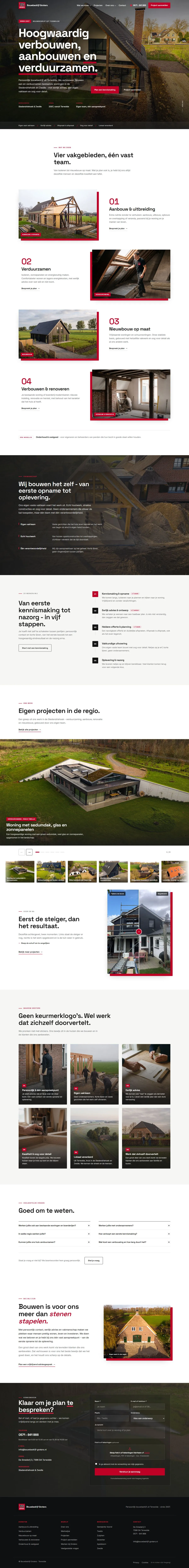 De homepage van de nieuwe site van Bouwbedrijf Groters van boven naar beneden: de kop, de vier vakgebieden, het eigen vakteam, de werkwijze, de projecten, voor en na, waarom Groters, veelgestelde vragen en contact