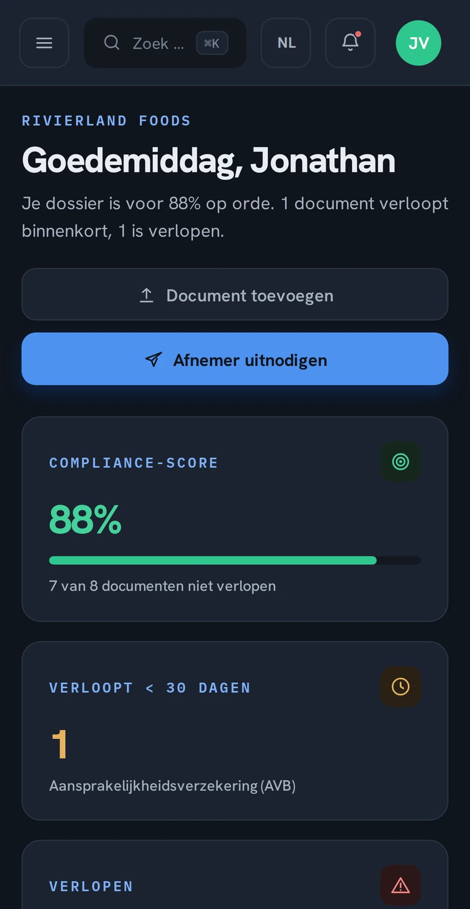 Het dashboard in de app, donkere weergave