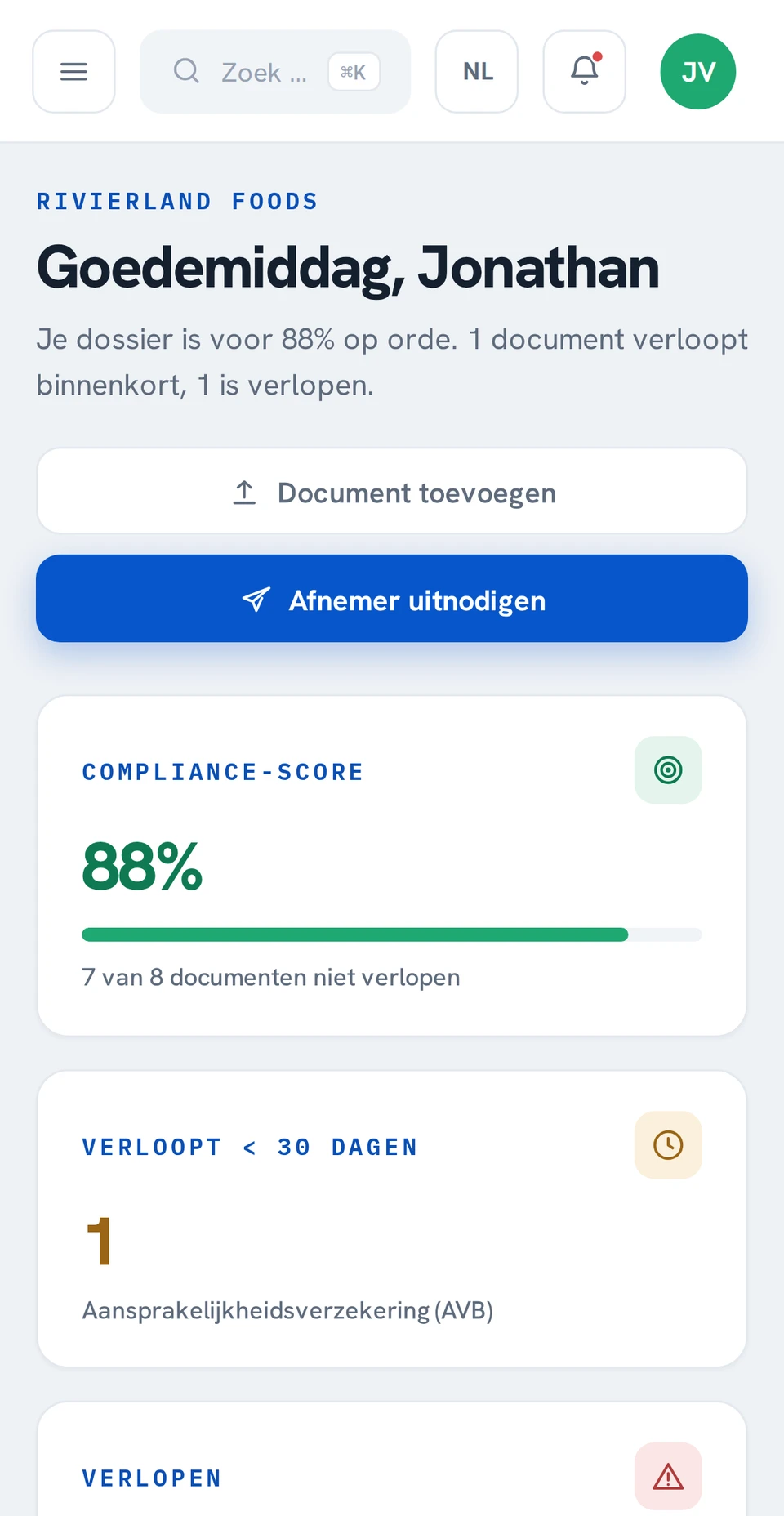 Het dashboard in de app, lichte weergave, met demodata
