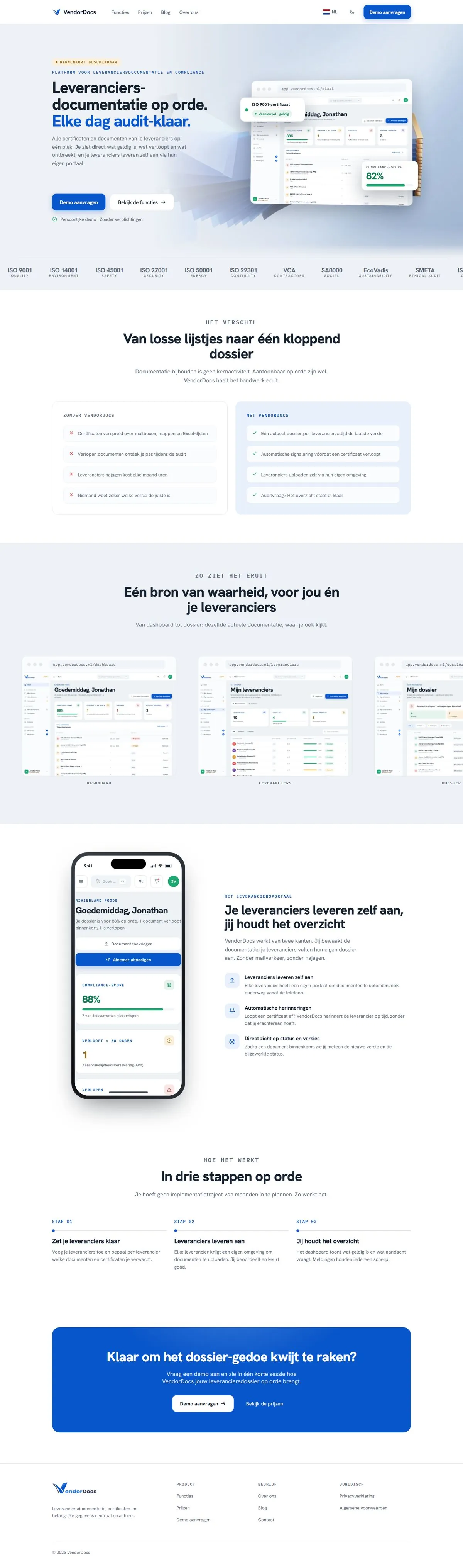 De homepage van vendordocs.nl van boven naar beneden
